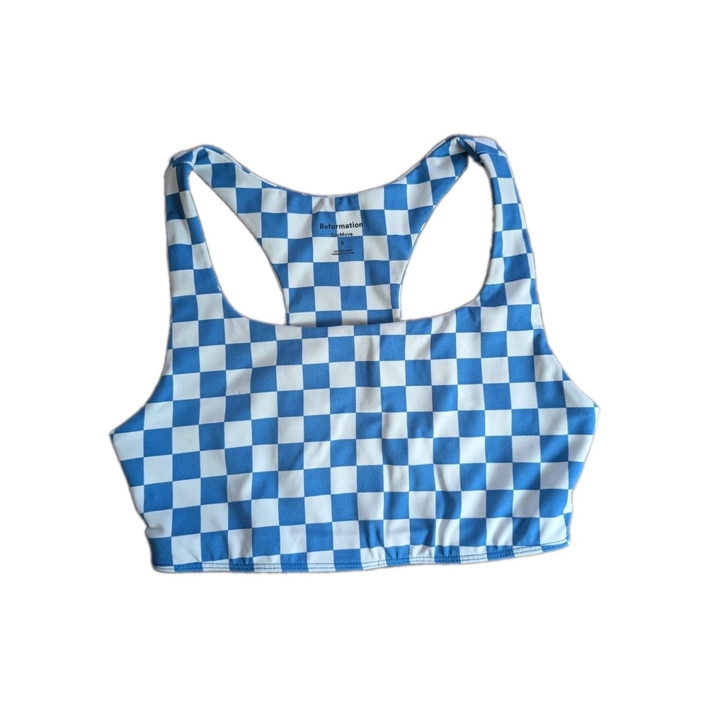 Reformation EcoMove Blue White Checkerboard Racerback Sports Bra Longline Size S